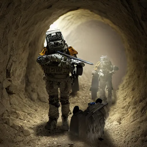 Image similar to photo, an ultra - tactical combat army schnauzer in futuristic battle armor with bandoliers and ammo pouches and boots and goggles, inside a rocky alien tunnel, volumetric lighting, ultradetailed