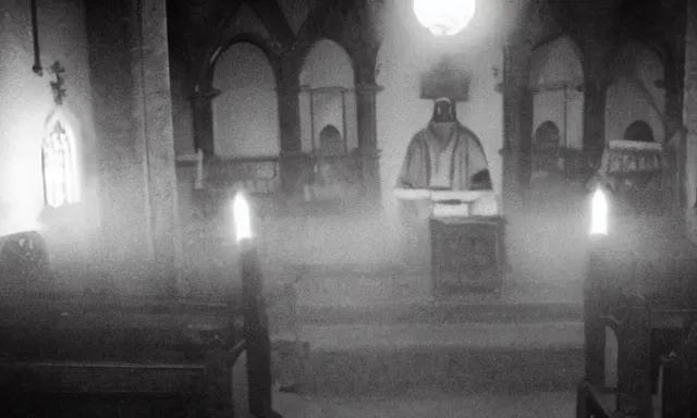 Image similar to a cultist ceremony, cultists with robes and masks, church interior, satanic church interior, the fog. horror lighting, found footage