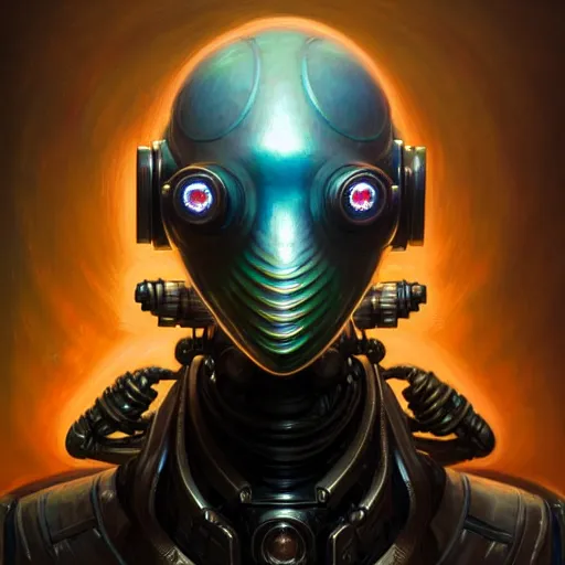 Image similar to front shot of a cyberpunk gazmask robot character, intricate, elegant, highly detailed, centered, digital painting, artstation, concept art, smooth, sharp focus, illustration, artgerm, Tomasz Alen Kopera, Peter Mohrbacher, donato giancola, Joseph Christian Leyendecker, WLOP, Boris Vallejo