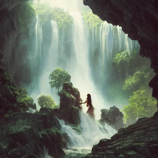 Image similar to an extremely detailed matte painting of a throuple dancing in a cavern behind a waterfall, epic fantasy, viewed in profile from far away, sharp focus, detailed face, art by greg rutkowski and alphonse mucha, volumetric lighting, 4 k resolution, trending on artstation, masterpiece