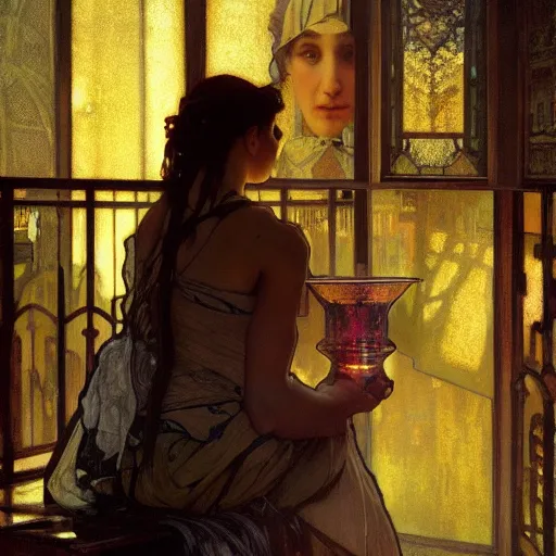 Image similar to girl filling a vase with a magical liquid, the girl is observed by the moiras in a trial. by jeremy mann and alphonse mucha, photo realistic, dynamic lighting, artstation, poster, volumetric lighting, highly detailed faces, 4 k, award winning