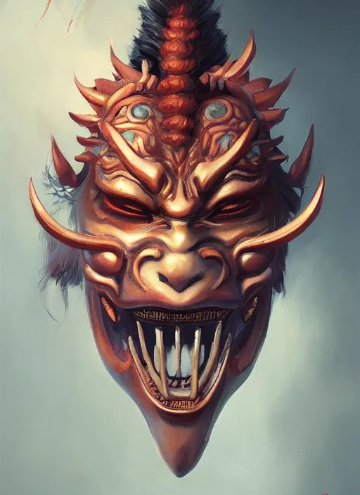 Image similar to a beautiful detailed oil on copper art illustration of a oni hannya mask shogun bear devil woman, centered, by charlie bowater, zeng fanzh, trending on artstation, dim dusk lighting, cinematic lighting, detailed lighting, volumetric lighting, realistic, f 8, 4 k hd wallpaper