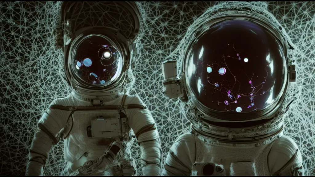 Image similar to a cybernetic symbiosis of a single astronaut eva suit made of wearing knitted yarn thread infected with diamond 3d fractal lace iridescent bubble 3d skin covered with insectoid compound eye camera lenses floats through the living room, film still from the movie directed by Denis Villeneuve with art direction by Salvador Dalí, wide lens,