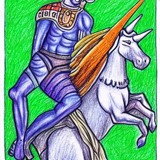 Image similar to A drawing of Julius Caesar riding a unicorn, colored pencil art,