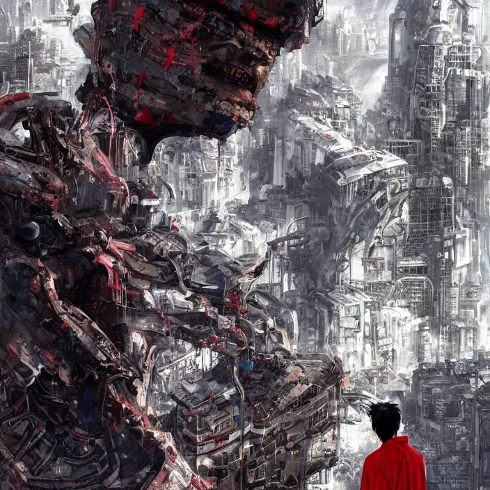 Image similar to tetsuo observing the ruins of neo - tokyo, red cape, akira | anime, matte painting, dystopian megacity neo - tokyo akira, shaded perfect, fine details. realistic shaded lighting anime manga artwork by katsuhiro otomo, akira, artgerm, jeremy lipkin and michael garmash and rob rey