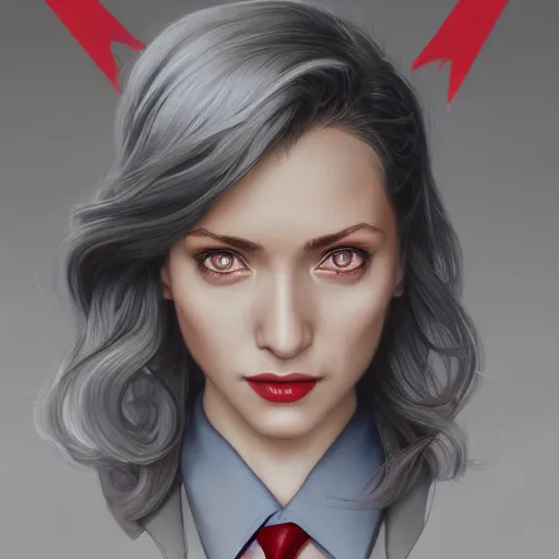 Image similar to a girl wearing a business suit, grey hair, red necktie, cinematic, stunning, highly detailed, digital painting, artstation, smooth, hard focus, illustration, art by artgerm and greg rutkowski and alphonse mucha