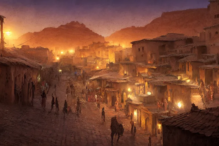 Image similar to in the middle of a adobe house kasbah town, mud and brick houses, merchant street, pueblo architecture, colorful crowd, festival. Scenic view at night, underexposed, clean horizon, matte painting by craig mullins and Anato_Finnstark, dark fantasy, style of game of thrones, concept art trending on artstation, 4k, intricate details