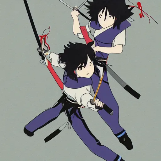 Image similar to two Female ninja fighting with katana swords , by Dice Tsutsumi, Makoto Shinkai, Studio Ghibli