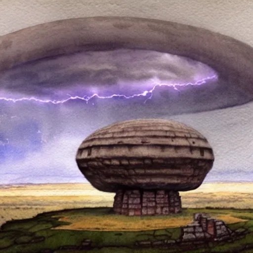 Image similar to a hyperrealist watercolor concept art of a giant ufo in the sky above gobekli tepe during a thunderstorm. a medieval monk in grey robes is in the foreground. very muted colors, by rebecca guay, michael kaluta, charles vess. high detail, hq, wide shot, 4 k