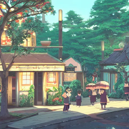 Image similar to concept art painting of a historic bakery with european and japanese architecture, in a woodland village surrounded by trees, inspired by kiki's delivery service, realistic, detailed, cel shaded, in the style of makoto shinkai and greg rutkowski and james gurney