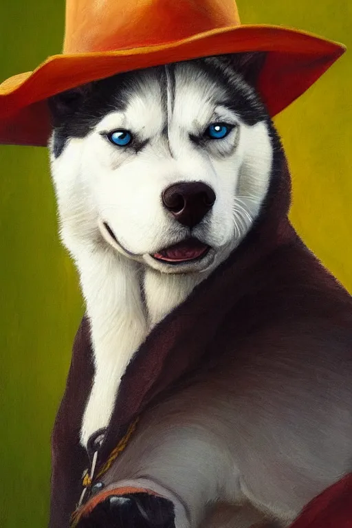 Prompt: a portrait painting of a husky in cowboy costume in the style of anime, a fistful of dollars, per un pugno di dollari, humanoid, personify, anthropomorphic, furry