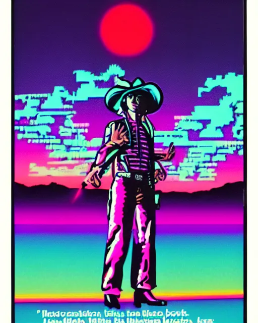 Image similar to laser disk cowboy, 1 9 8 0's magazine ad, vapor wave aesthetic