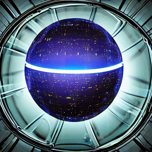 Image similar to glowing sphere, surrounded by steel bands, in space