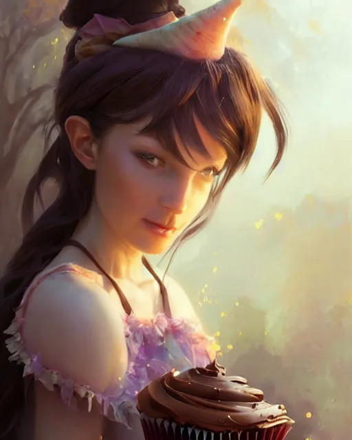 Image similar to a ( ( girl as personification of chocolate cupcake ) ), beauty, fantasy bakery, digital painting by krenz cushart, greg rutkowski, artgerm, laurie greasly, wlop, intricate, highly detailed!!, sharp focus, smooth, epic composition, joyful, unreal engine, masterpiece, 8 k, interesting background