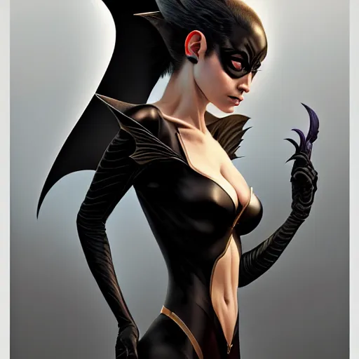 Prompt: 3 / 4 view of a portrait of bat woman with bat wings, confident pose, pixie, genshin impact,, intricate, elegant, sharp focus, illustration, highly detailed, concept art, matte, trending on artstation, art by wlop and artgerm and greg rutkowski, h 6 4 0