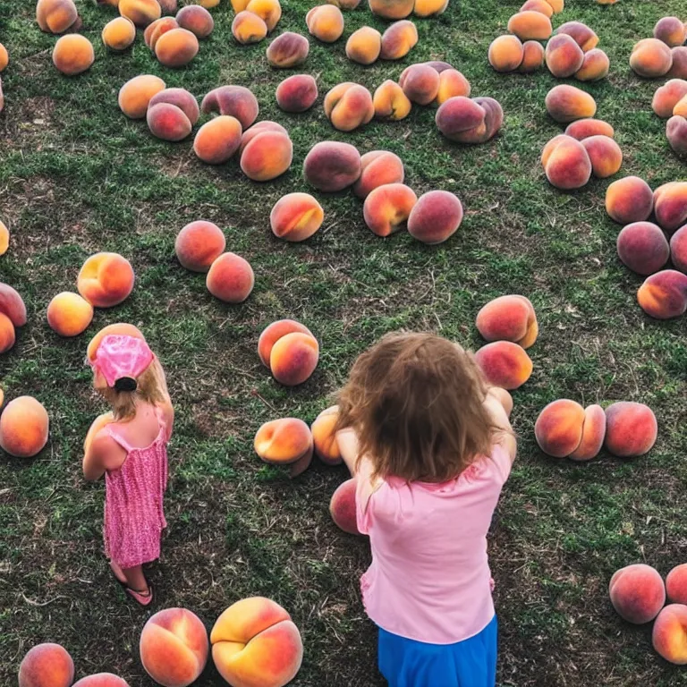 Prompt: a little girl picking peaches on another planet