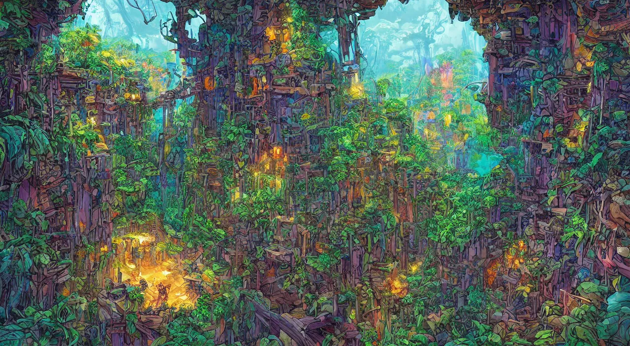 Image similar to open door wood wall fortress child house amazon jungle on portal unknow world ambiant fornite colorful deepdream that looks like it is from borderlands and by feng zhu and loish and laurie greasley, victo ngai, andreas rocha, john harris