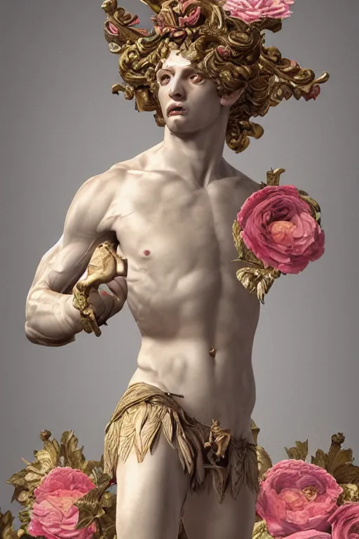 Image similar to a young handsome Spanish prince in a full-body bronze baroque statue of Icarus posed like a bird, crown of peach roses, flowing pink-colored silk, fabric, flowers. baroque elements, human skull. full-length view. baroque element. intricate artwork by caravaggio. many many birds birds on background. Trending on artstation, octane render, cinematic lighting from the right, hyper realism, octane render, 8k, depth of field, 3D