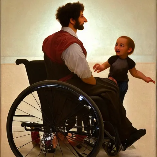 Image similar to a male patient in a wheelchair in the hospital with his wife and son standing by. happy, cheerful, intricate, sharp focus, artstation, cinematic, 8 k, by william adolphe bouguereau