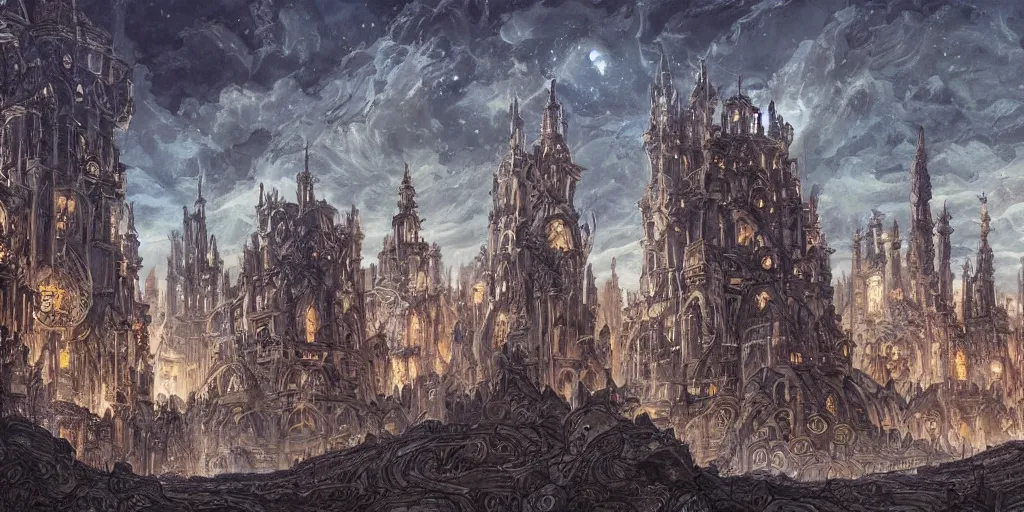 Prompt: an concept art of the ancient eldritch city, surrounded by monumental obelisks, lovercraft, intricate details, detailed sky, detailed structures, starry night, artstation, epic scenery, colourful light, cinematic, by kentaro miura and vasnetsov