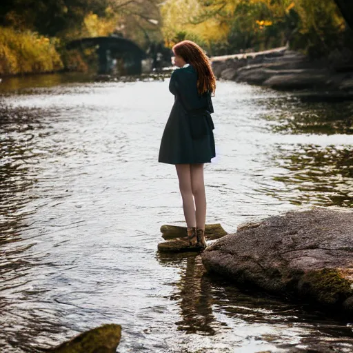 Image similar to Young woman by the river, XF IQ4, f/1.4, ISO 200, 1/160s, 8K, RAW, unedited, sharp focus, symmetrical balance, in-frame