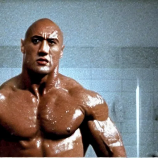 Image similar to movie still from the movie The Rock (1996), rendering of sylvester stallone in the shower room scene, cinematic,