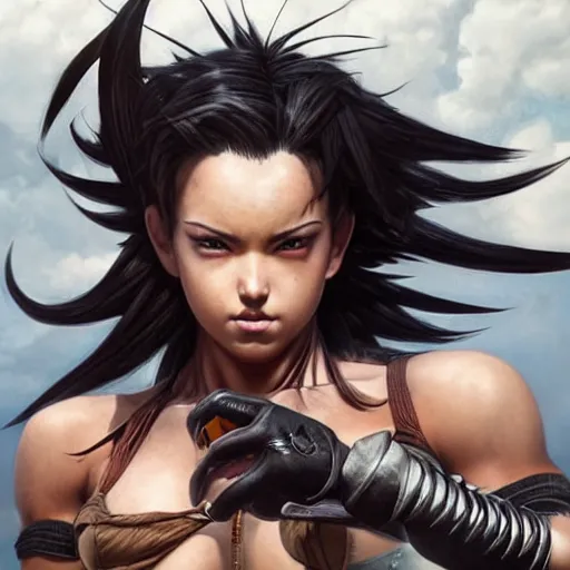 Image similar to warrior girl, muscular girl, wild spiky black saiyan hair, long spiky hair, electrified hair, scimitar, ultra realistic, intricate details, highly detailed, subsurface scattering, photorealistic, octane render, 8 k, art by artgerm, greg rutkowski, magali villeneuve, alphonse mucha