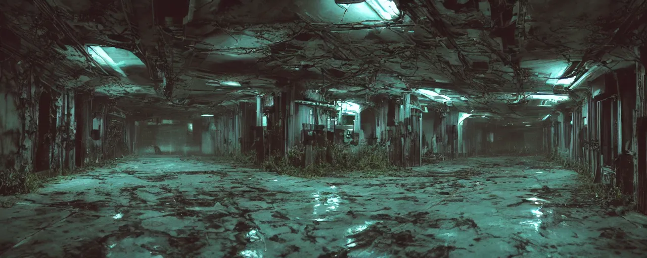 Image similar to Film still of a dimly lit corridor on an alien space ship, dark matte metal, floor grills, ventilation shafts, dusty, orange, purple and cyan lighting, water dripping, puddles, wet floor, rust, decay, vines, overgrown, alien plants, tilted camera angle, wide-angle lens vanishing point, year 3000, Cinestill colour cinematography, anamorphic, giger