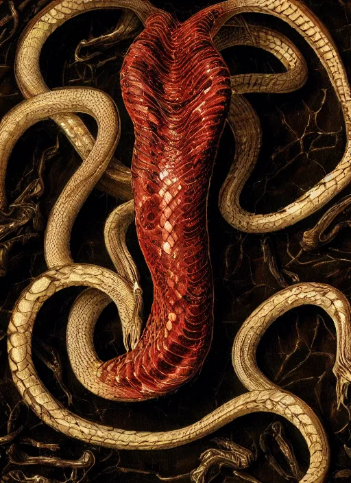 Image similar to portrait of a demonic snake with translucent skin, visible muscles and veins and arteries and bones and spines and nerves, beautiful detailed intricate insanely detailed octane render, 8k artistic photography, photorealistic, chiaroscuro, by David Cronenberg, Raphael, Caravaggio