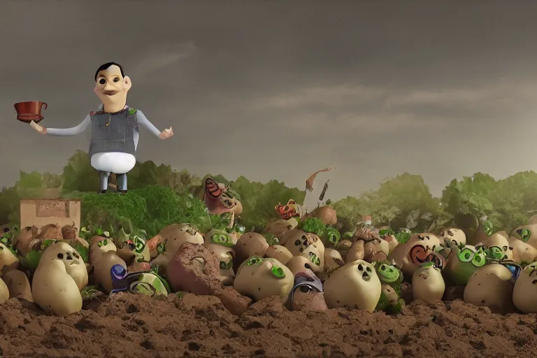 Image similar to the potato king appears before the large crowd of his subjects in all his glory, concept art, blender, googly eyes, realistic dirt.