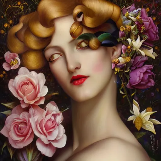 Prompt: dynamic composition, shy woman with blonde hair full of spring flowers wearing ornate earrings, ornate gilded details, pastel colors, a surrealist painting by tom bagshaw and jacek yerga and tamara de lempicka and jesse king, wiccan, pre - raphaelite, featured on cgsociety, pop surrealism, surrealist, dramatic lighting