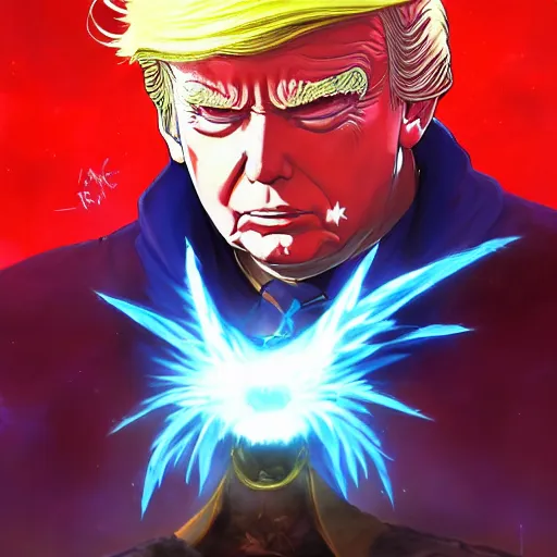 Image similar to anime portrait of Donald Trump as a shaman yedi using dark force to eliminate trump as an anime antagonist by Stanley Artgerm Lau, WLOP, Rossdraws, James Jean, Andrei Riabovitchev, Marc Simonetti, and Sakimichan, trending on artstation