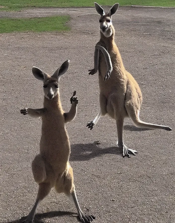 Image similar to kangaroo caught throwing gang sign, viral photo, viral on twitter, bad quality, phone photo, leaked photo, paparazzi photo, realistic, 720p