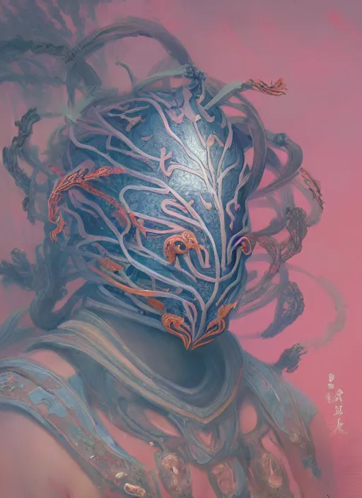 Prompt: Helmet of a forgotten Deity, corals, ribbons made of seaweed, extremly detailed digital painting, in the style of Fenghua Zhong and Ruan Jia and jeremy lipking and Peter Mohrbacher, mystical colors, rim light, beautiful lighting, 8k, stunning scene, raytracing, octane, trending on artstation