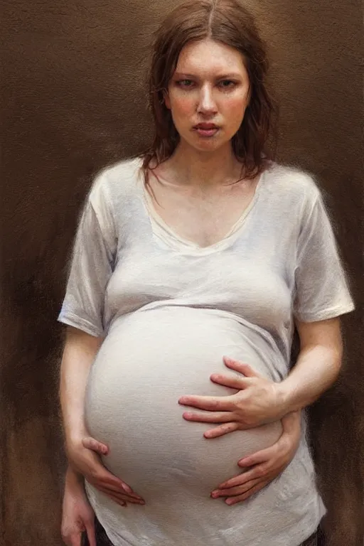 Prompt: pregnant woman in t-shirt by Alyssa Monks, Gaston Bussiere, Stanley Artgerm. full-shot, urban dystopia, hyper realism, realistic proportions, dramatic lighting, high detail 4k