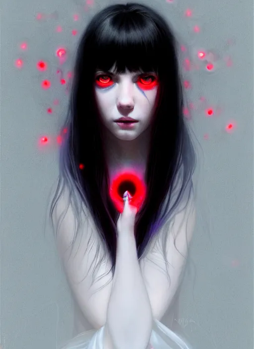 Image similar to portrait of teenage girl, red irises, red eyes, black hair, white bangs, purple clothes, white bangs, bangs, black hair and white bangs, intricate, elegant, glowing lights, highly detailed, digital painting, artstation, concept art, smooth, sharp focus, illustration, art by wlop, mars ravelo and greg rutkowski