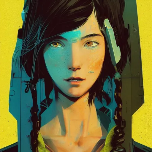 Prompt: Highly detailed portrait of a cyberpunk young lady with, freckles and wavy hair by Atey Ghailan, by Loish, by Bryan Lee O'Malley, by Cliff Chiang, by Greg Rutkowski, inspired by image comics, inspired by graphic novel cover art, inspired by nier!! Gradient yellow cyan brown color scheme ((grafitti tag brick wall background)), trending on artstation