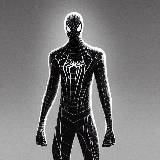 Image similar to moody atmospheric render of a white and black spiderman by leon tukker