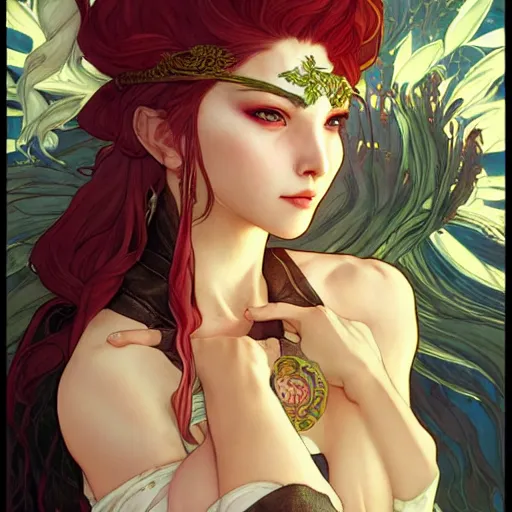 Image similar to breathtaking epic fantasy comic book style portrait of a sensual female fighter in epic fantasy arena,, sunny weather, intricate, matte, sharp focus, illustration, art by Artgerm and Hsiao-Ron Cheng and Alphonse Mucha,, RPG portrait