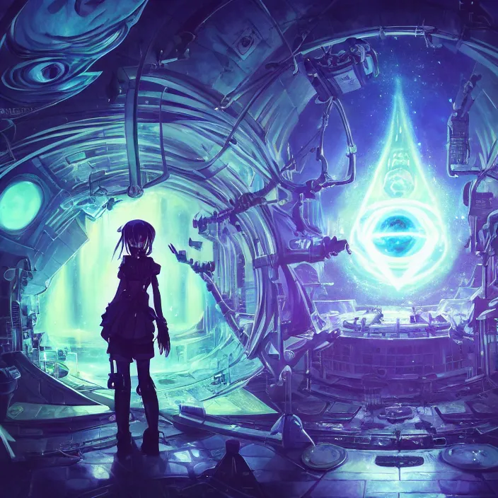 Prompt: Albedo from overlord, mamimi samejima, psychedelic background, epcot, inside a space station, eye of providence, female anime character, Lain, uwu, uwu, Luminism, Tomas Sanchez, surrealism, Simon Stålenhag, Ruan Jia, uwu Hi-Fructose, Artstation, HD, HDR, High Resolution, technological rings, giygas