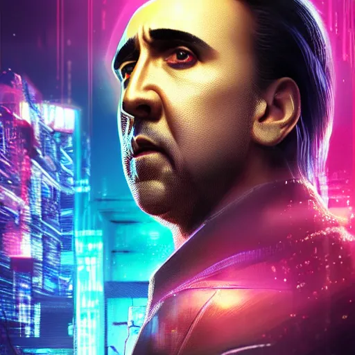 Image similar to nicolas cage portrait, cyberpunk 2 0 7 7, cyberpunk v, rogue amendiares, photorealistic, ultra detailed, neon, octane, bokeh, cinematic lighting, cyber, cyberpunk city, studio quality, feature, scars, cyberface, 8 k