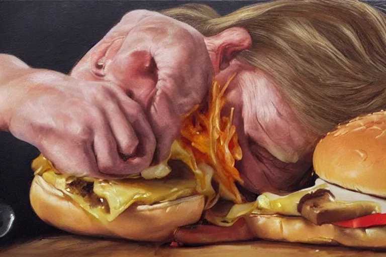 Image similar to realistic painting by jenny saville of!! donald trump!! licking a! cheeseburger!, art by jenny saville and tom bagshaw, detailed, sharp, smooth,! hamburger!