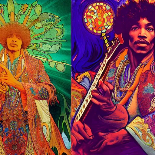 Image similar to colorfull artwork by Franklin Booth and Alphonse Mucha showing a portrait of Jimi Hendrix as a futuristic space shaman