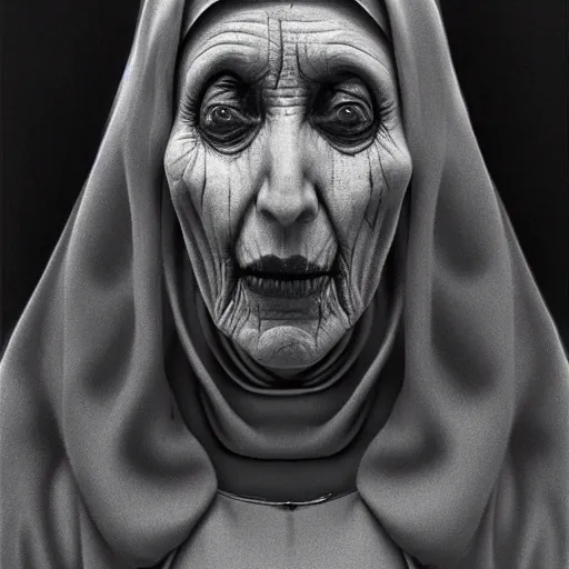 Image similar to portrait of a scary nun by Zdzisław Beksiński, irwin penn, realistic, digital art, unreal engine