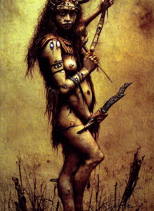 Prompt: barbarian girl in tribal painting by Beksinski and Arthur Rackham