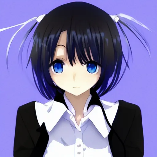 Image similar to a anime girl with blue eyes and a white shirt, a character portrait by Jin Homura, featured on pixiv, mingei, booru, white background, anime