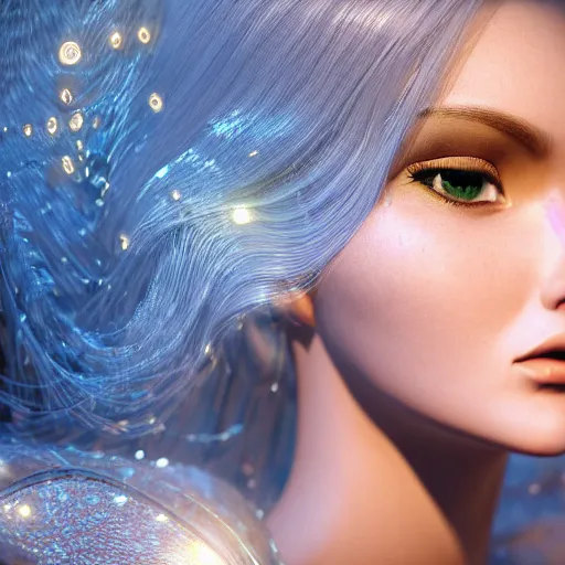 Image similar to beautiful pragmatic face, crystal, platinum, gold, biomechanoid with incredible iridescent pearlescent voluminous fiberoptic hair, crystalline masterpiece implants, hyperdetailed face, elegant pose, movie still, intricate, octane render, cinematic forest lighting, unreal engine, dieselpunk setting, crepuscular rays, god rays.