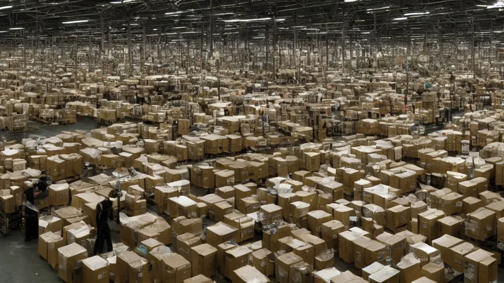 Image similar to Gremlins in Amazon warehouse packaging facility packing Amazon rainforest into Amazon packages, film still from banned media Gremlins 3 New World Order, directed by Joe Dante, Nathan Fielder, Groucho Marx and REDACTED