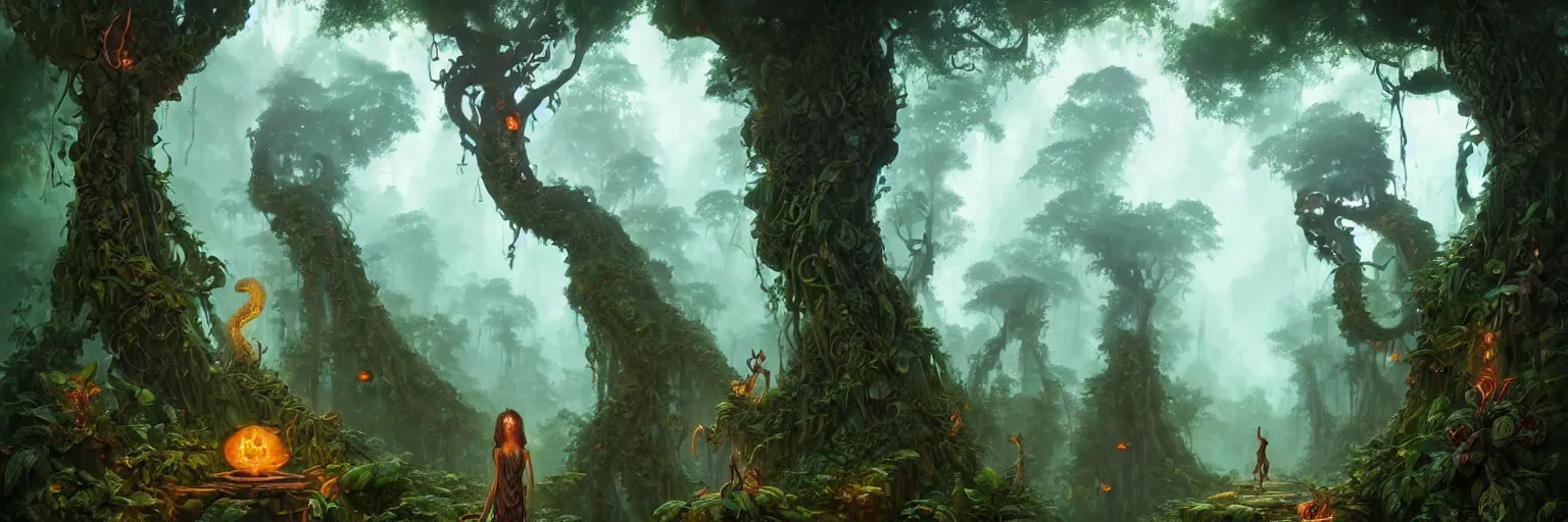 Prompt: A forest full of strange creatures and hidden buildings, forgotten ruined temples and ancient stone statues of forbidden sacred gods, jungle vines and fireflies, ayahuasca spirits drifting in the morning light, travellers beneath the giant trees, matte painting by Peter Mohrbacher and Kilian Eng, featured in artstation, cinematic, elegant, intricate, 8k