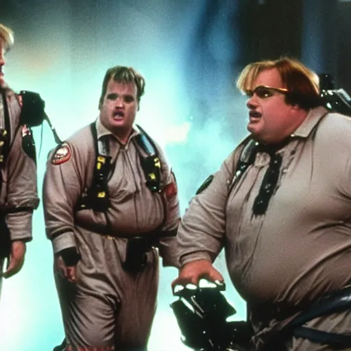 Image similar to Chris Farley as a Ghostbuster in a still from the movie Ghostbusters 8k hdr